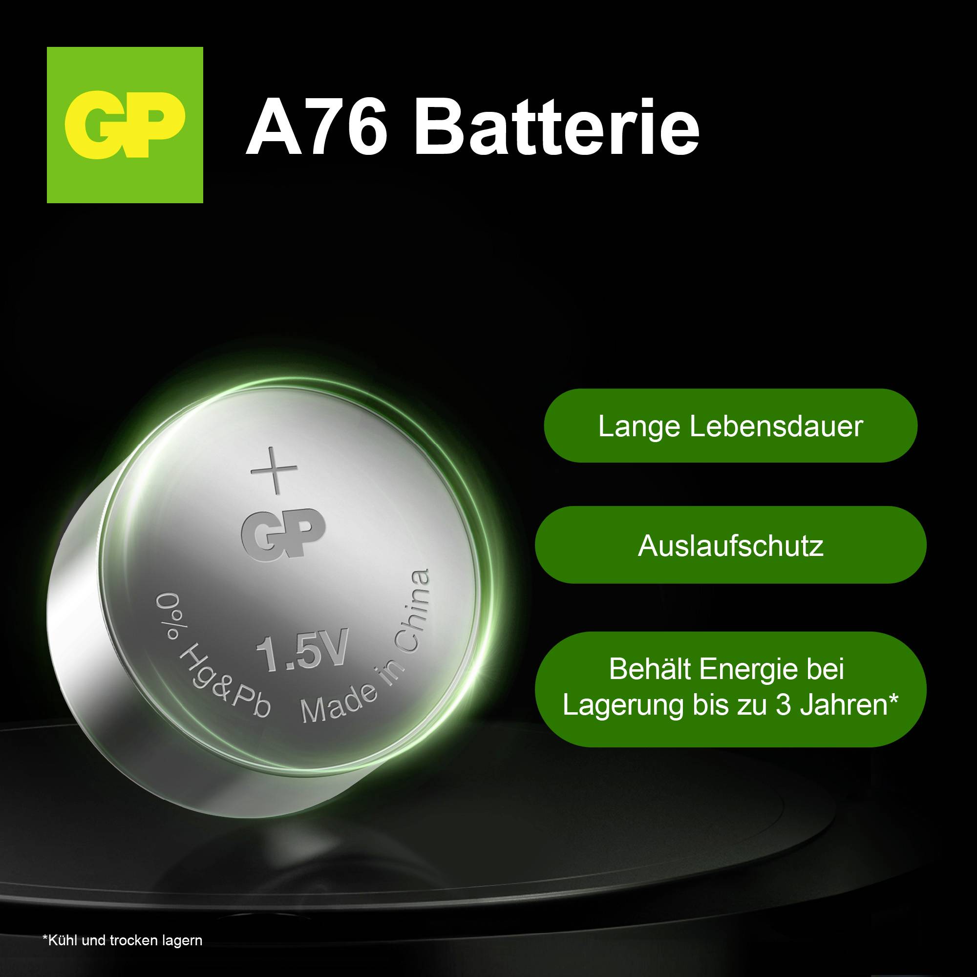 Werbeabbildung einer GP A76-Batterie mit den Aussagen 'Lange Lebensdauer', 'Auslaufschutz' und 'Behält Energie bei Lagerung bis zu 3 Jahren*'.