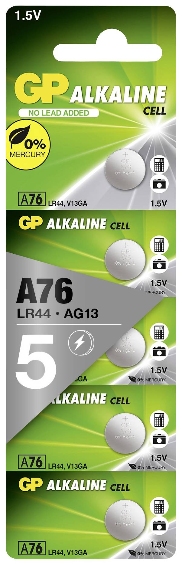 'GP Alkaline Cell' Batterien, Typ A76, LR44, 1,5V, fünf Stück. Verpackung betont Quecksilberfreiheit und verwendet grüne Farbtöne.