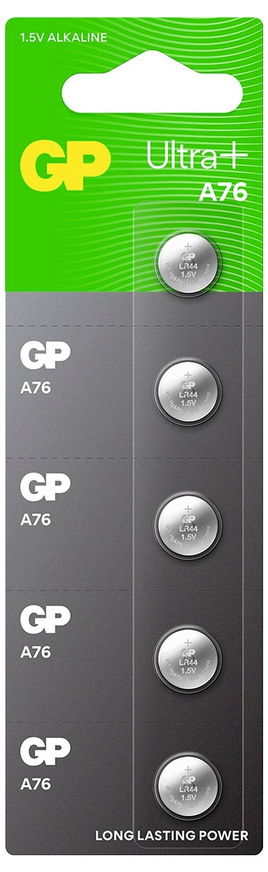 Verpackung von GP Ultra+ A76 Alkaline-Knopfzellen, 1,5 V, mit vier Batterien und Aufdruck 'LONG LASTING POWER'.