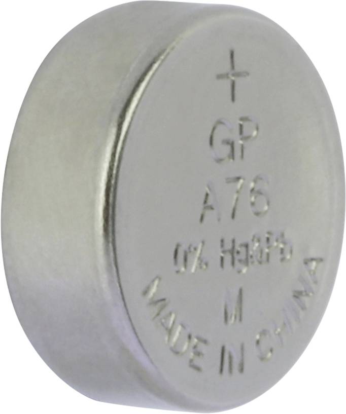 Silberne Knopfzellenbatterie mit der Aufschrift '+ GP A76 0% Hg&Pb Made in China'.