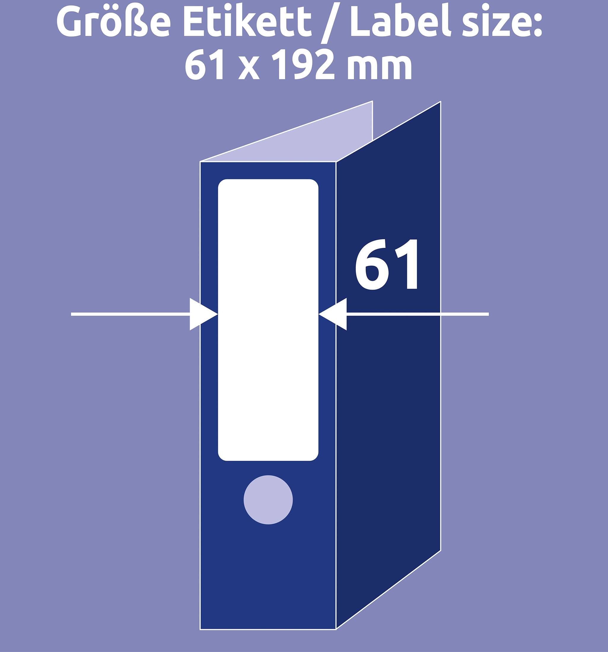 'Größe Etikett/Label size: 61 x 192 mm' auf einem blauen Aktenordner, der in einem Winkel gezeigt wird.