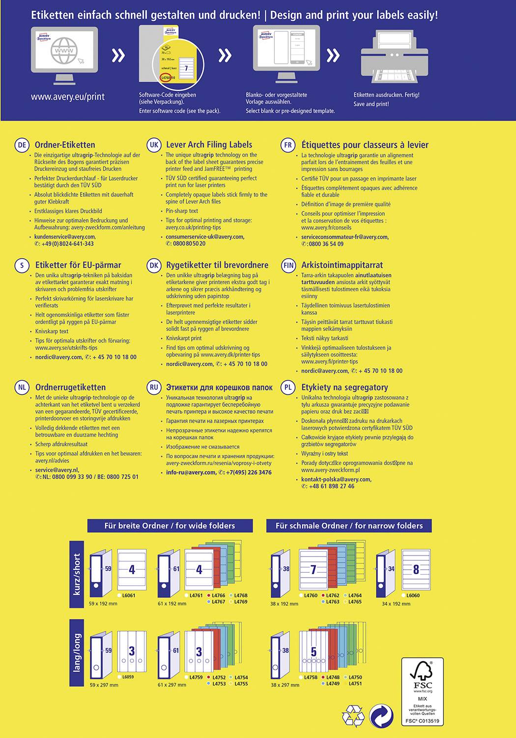 Gelber Hintergrund mit Anleitungen zur Gestaltung und zum Drucken von Etiketten. Oben Firmenlogo. Diagramm zeigt Etikettentypen.