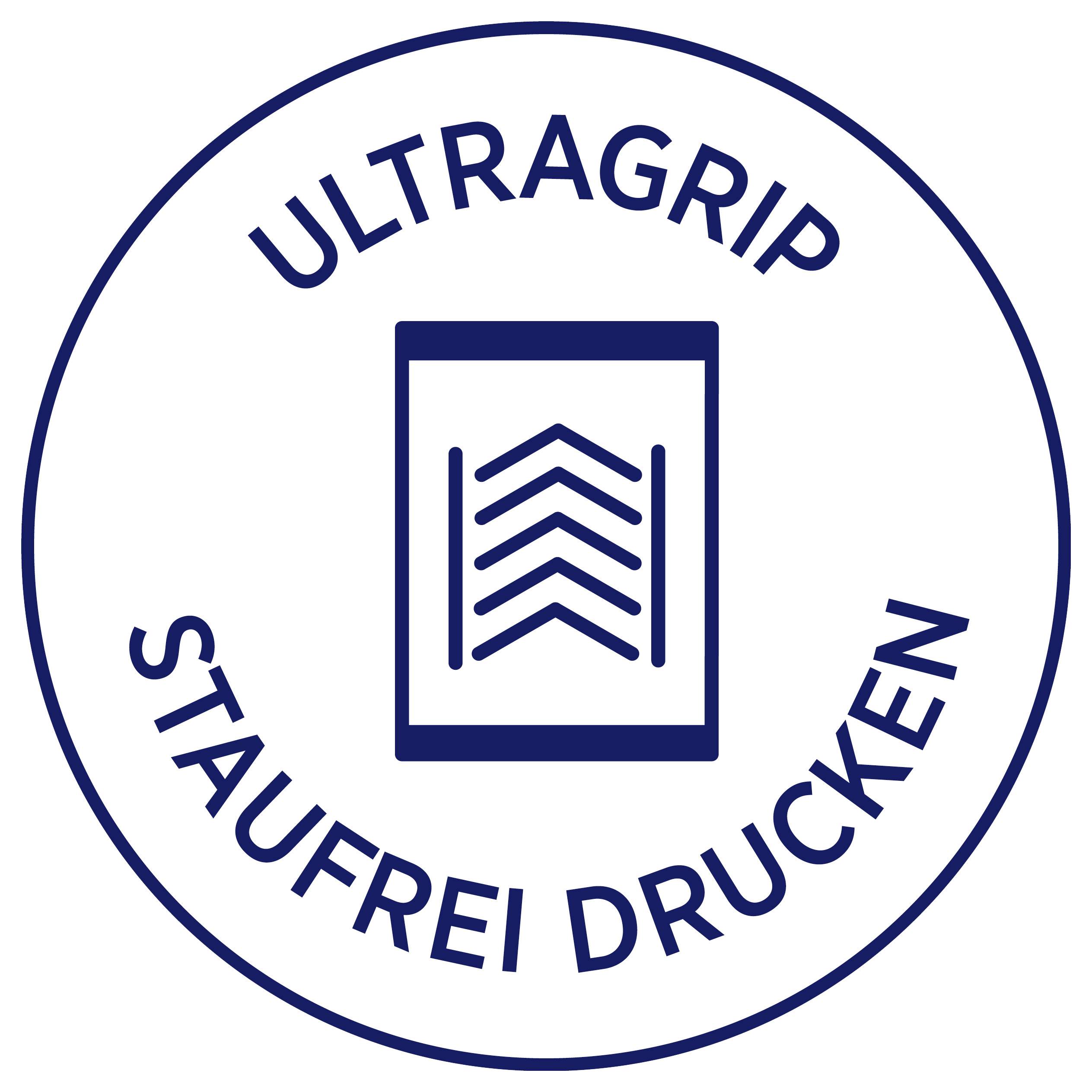 Rundes Siegel mit der Aufschrift 'ULTRAGRIP' und 'STAUFREI DRUCKEN', in der Mitte ein Symbol für Papier mit aufgefächerten Seiten.