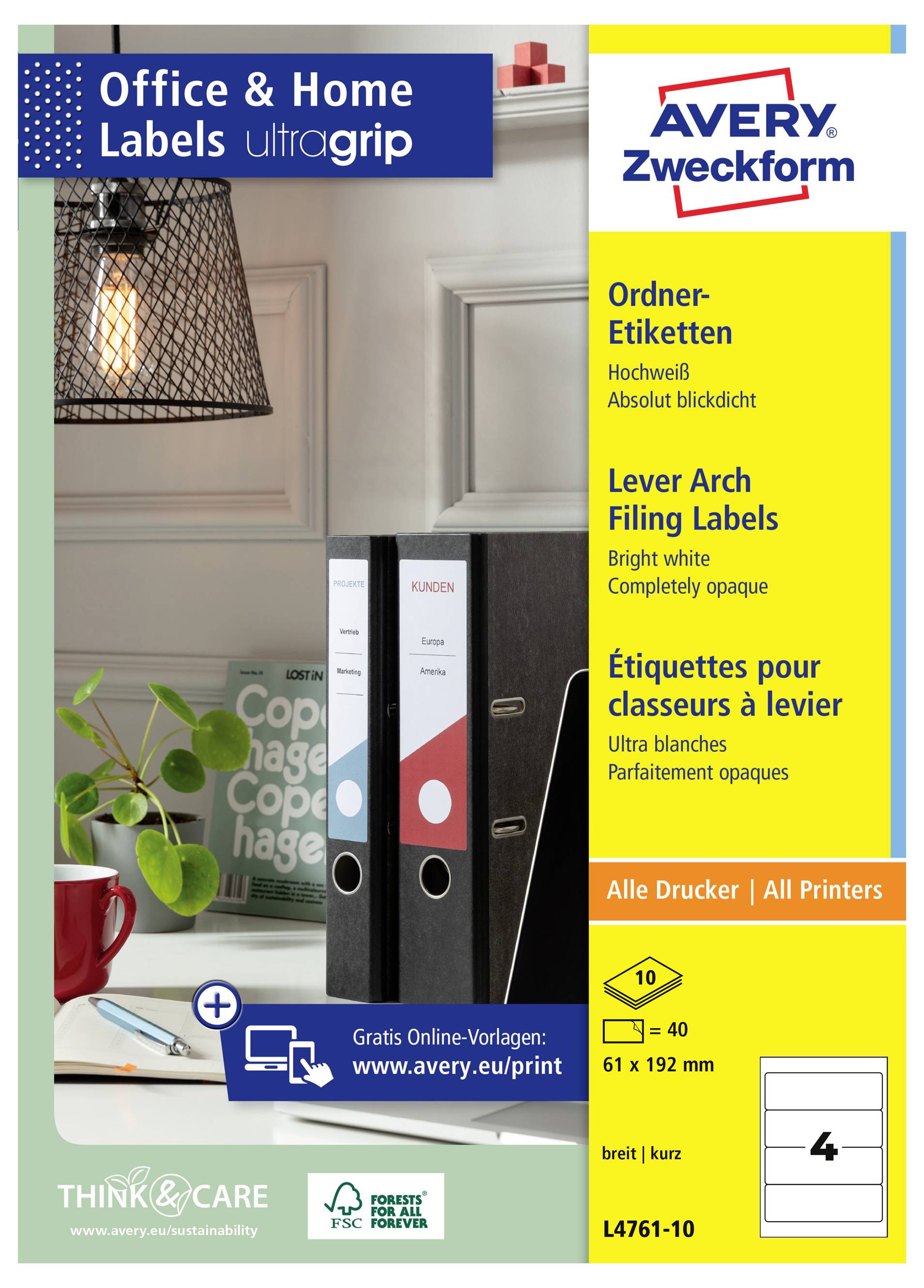 Avery Zweckform Büro- und Heimetiketten ultragrip Packung für Ordnerrückenetiketten, weiß, 61 x 192 mm, 10 Blatt, alle Drucker