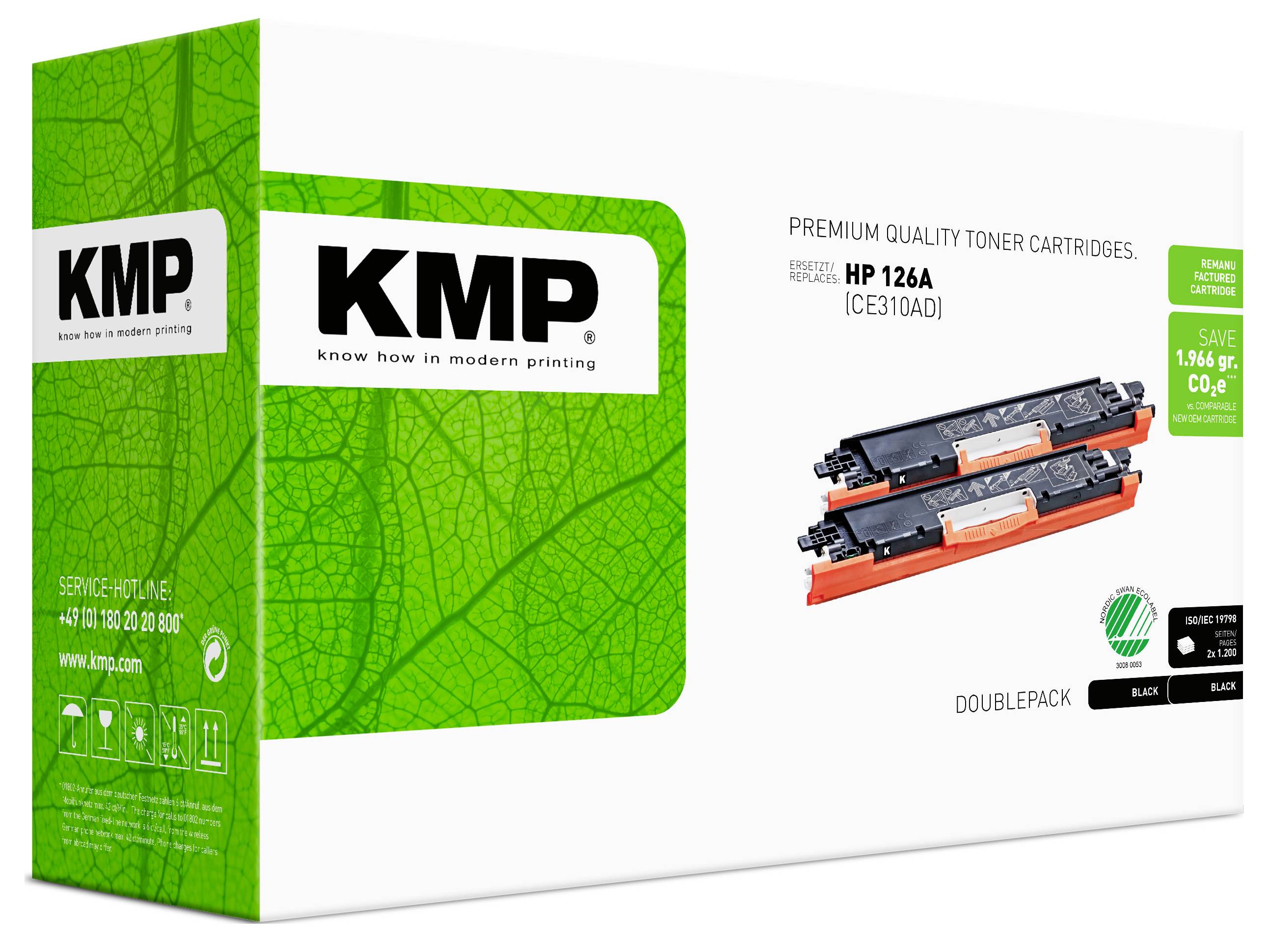 KMP Premium-Qualität Tonerpatrone Verpackung für HP 126A (CE310AD), mit zwei schwarzen Tonerkartuschen und einem grünen „Sparen"-Preisschild.