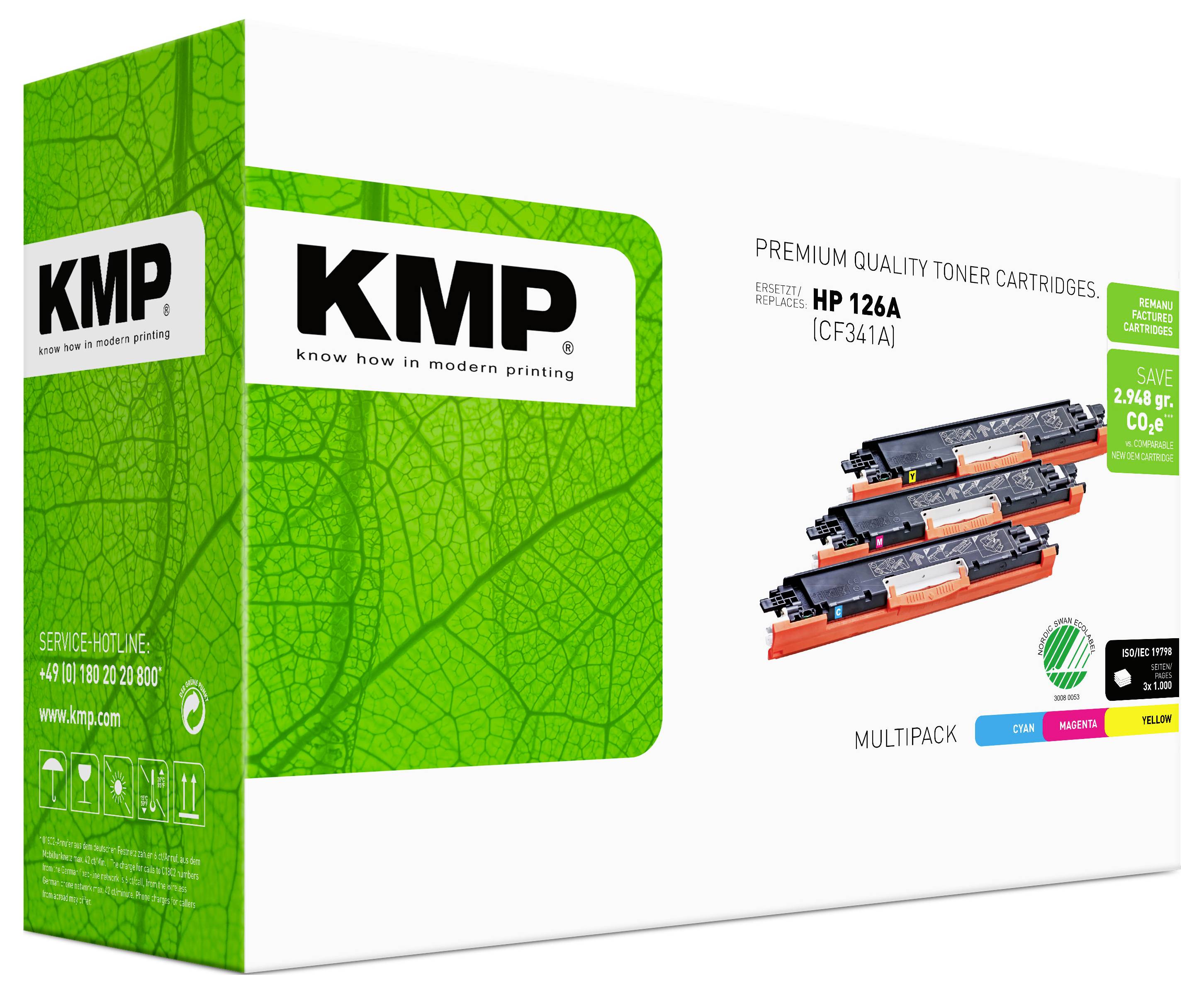 KMP Premium-Qualität Tonerkassetten-Paket für HP 126A (CF341A), mit cyan, magenta und gelben Kassetten mit grünem Branding und Blattmuster.