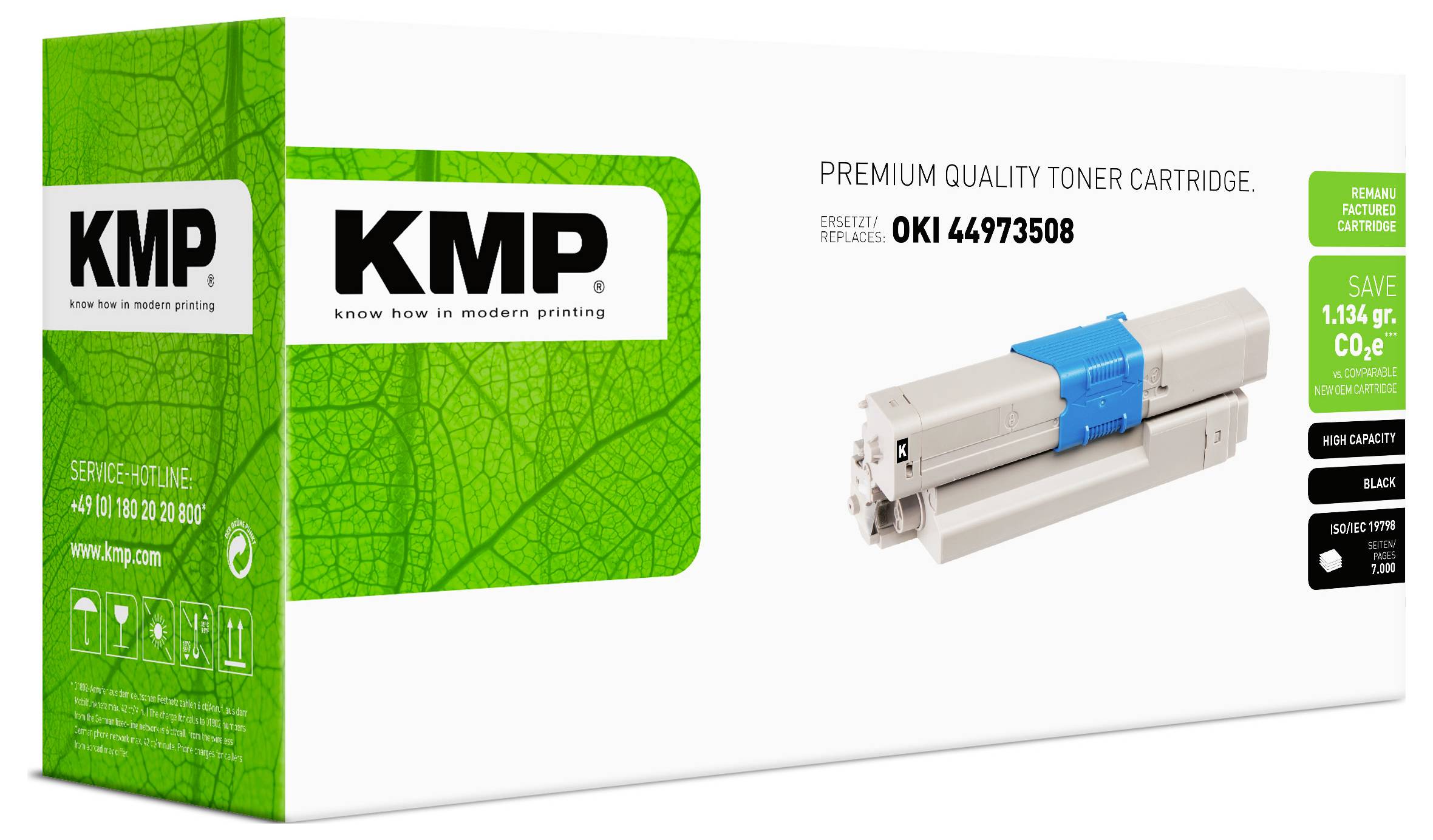 KMP Premium-Qualität Tonerkassetten-Verpackung für OKI 44973508, mit einem Foto der Kassette und grünen Etiketten, die Austausch- und Sparinformationen hervorheben.