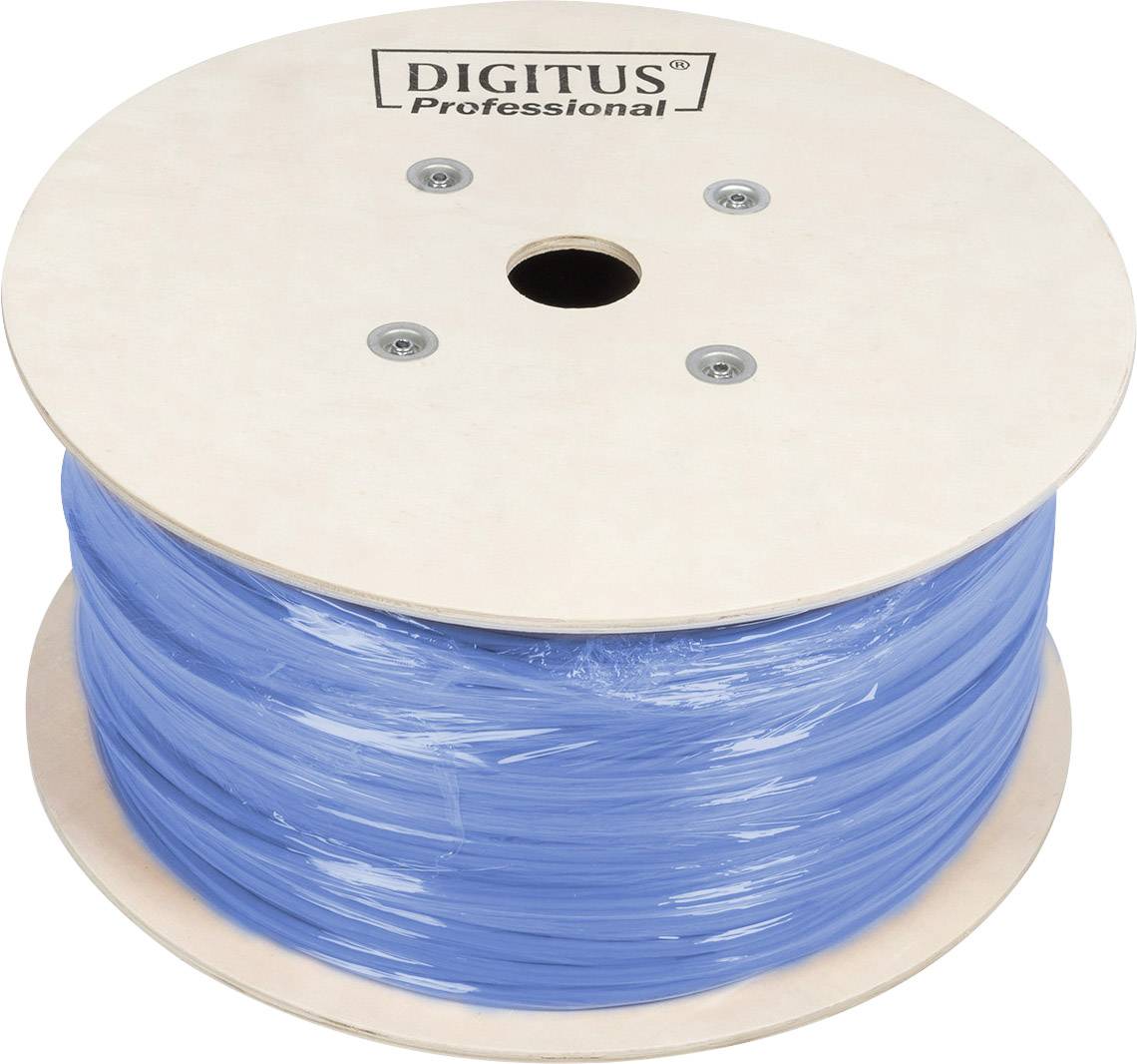 Große Holzspule mit blauer Kabelrolle. Oben steht 'DIGITUS Professional', relevant für IT-Installationen und Netzwerke.