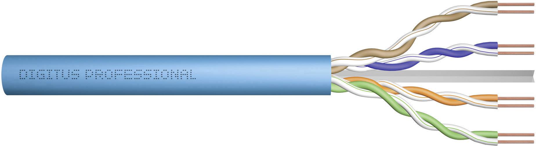 Ein blaues Netzwerkkabel mit freiliegenden, verdrillten Adernpaaren in den Farben Orange, Grün, Blau und Braun, beschriftet mit 'Digitus Professional'.