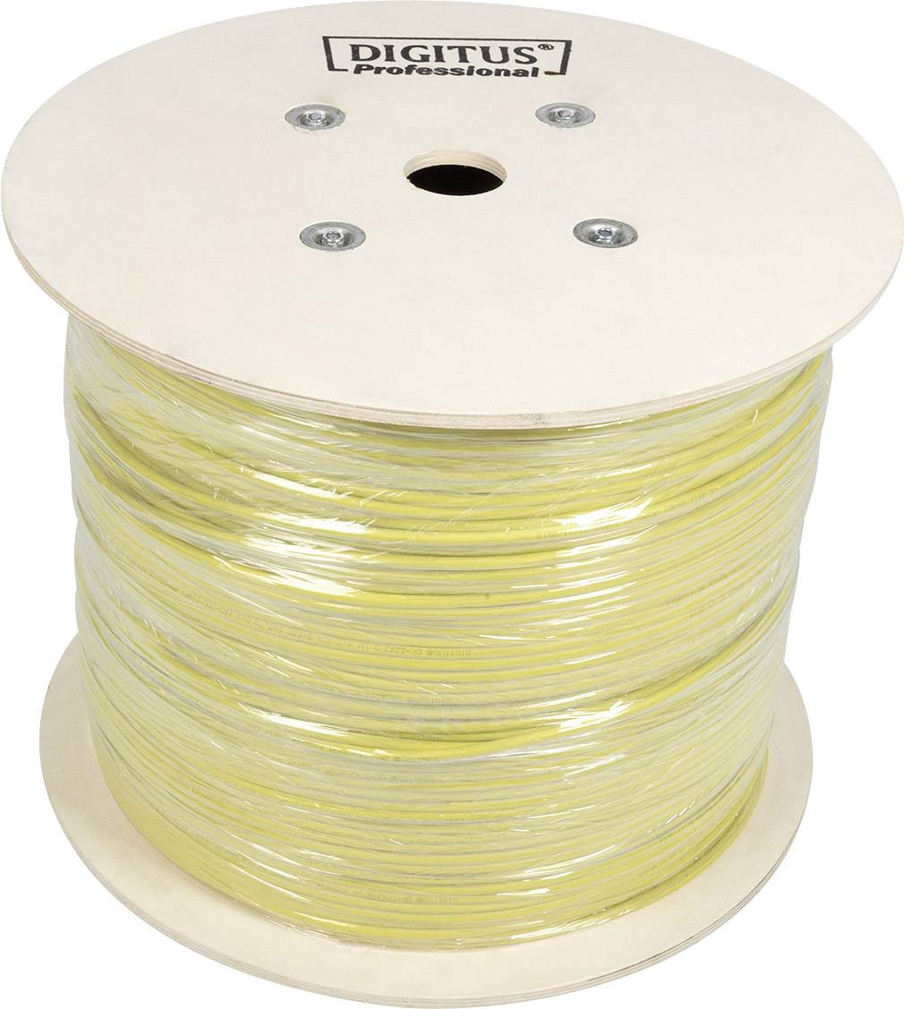 Große Spule mit gelbem Kabel, beschriftet mit 'DIGITUS Professional'. Geeignet für professionelle Verkabelungen oder Installationen.