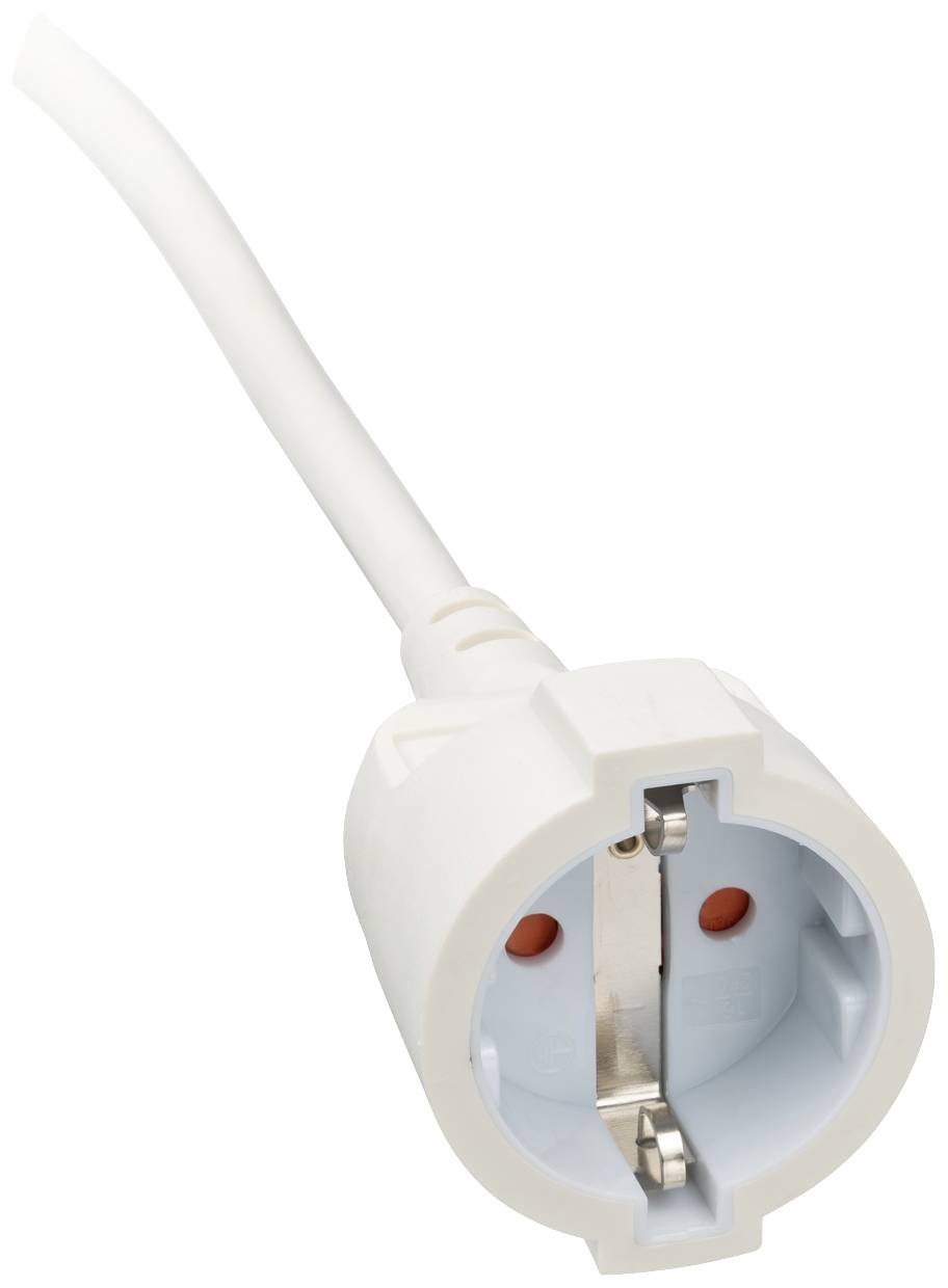 Ein weißer Stromstecker mit Erdungskontakten vor weißem Hintergrund.