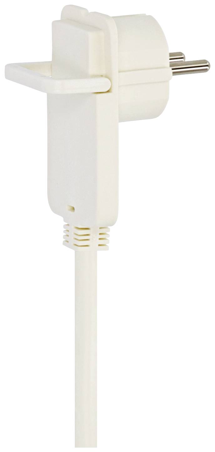 Ein weißer, rechtwinkliger Steckdosenadapter mit Erdungsstift und Kabel. Geeignet zur platzsparenden Anbringung an Steckdosen.