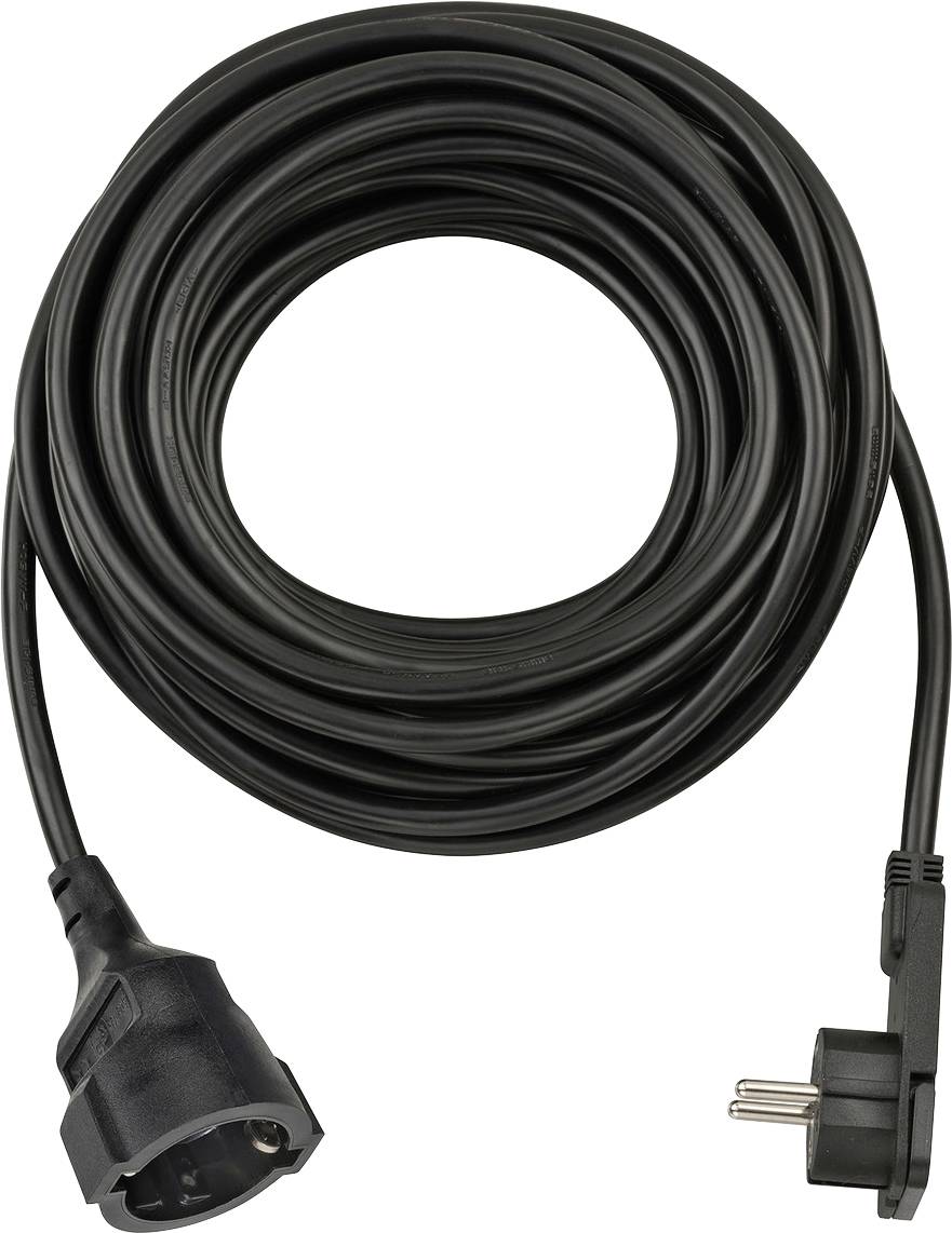 Aufgerolltes schwarzes Stromverlängerungskabel mit europäischem Stecker auf der einen Seite und Buchse auf der anderen Seite.