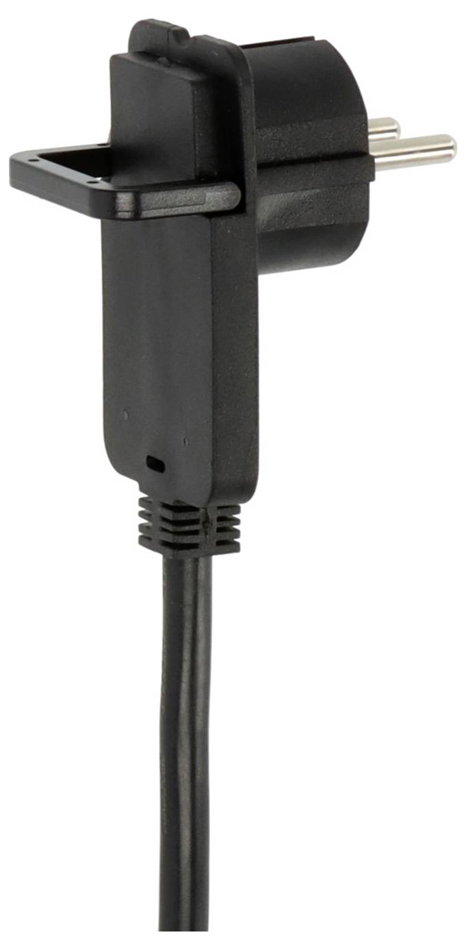 Schwarzer Stromstecker mit zwei runden Stiften und angeschlossenem Stromkabel, auf weißem Hintergrund dargestellt.