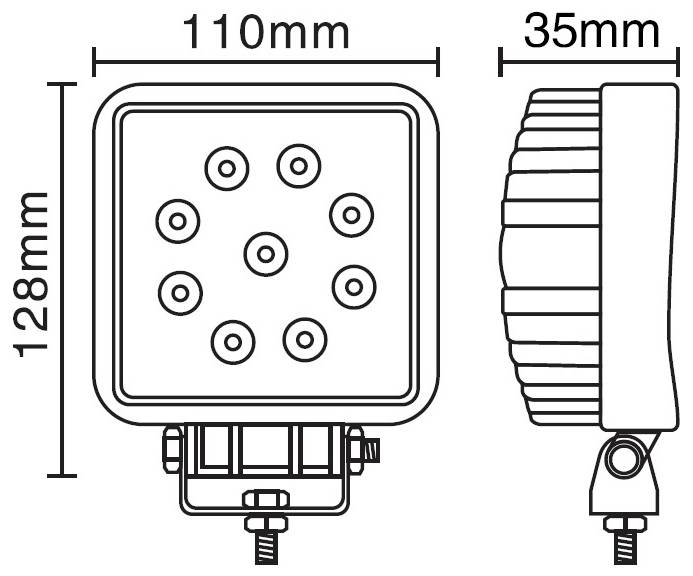 Technische Zeichnung eines quadratischen LED-Lichts mit den Maßen 110mm x 35mm x 128mm, zeigt Vorder- und Seitenansicht.