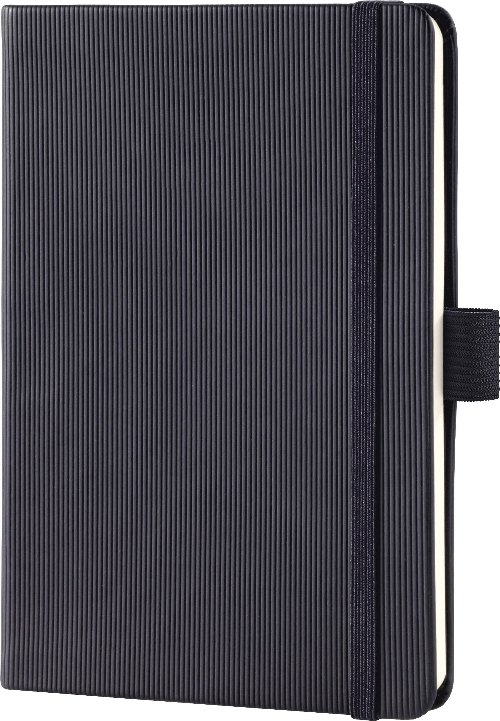 Schwarzes geripptes Hardcover-Notizbuch oder Planer mit elastischem Verschluss und Lesezeichen mit Band, geschlossen auf weißem Hintergrund dargestellt.