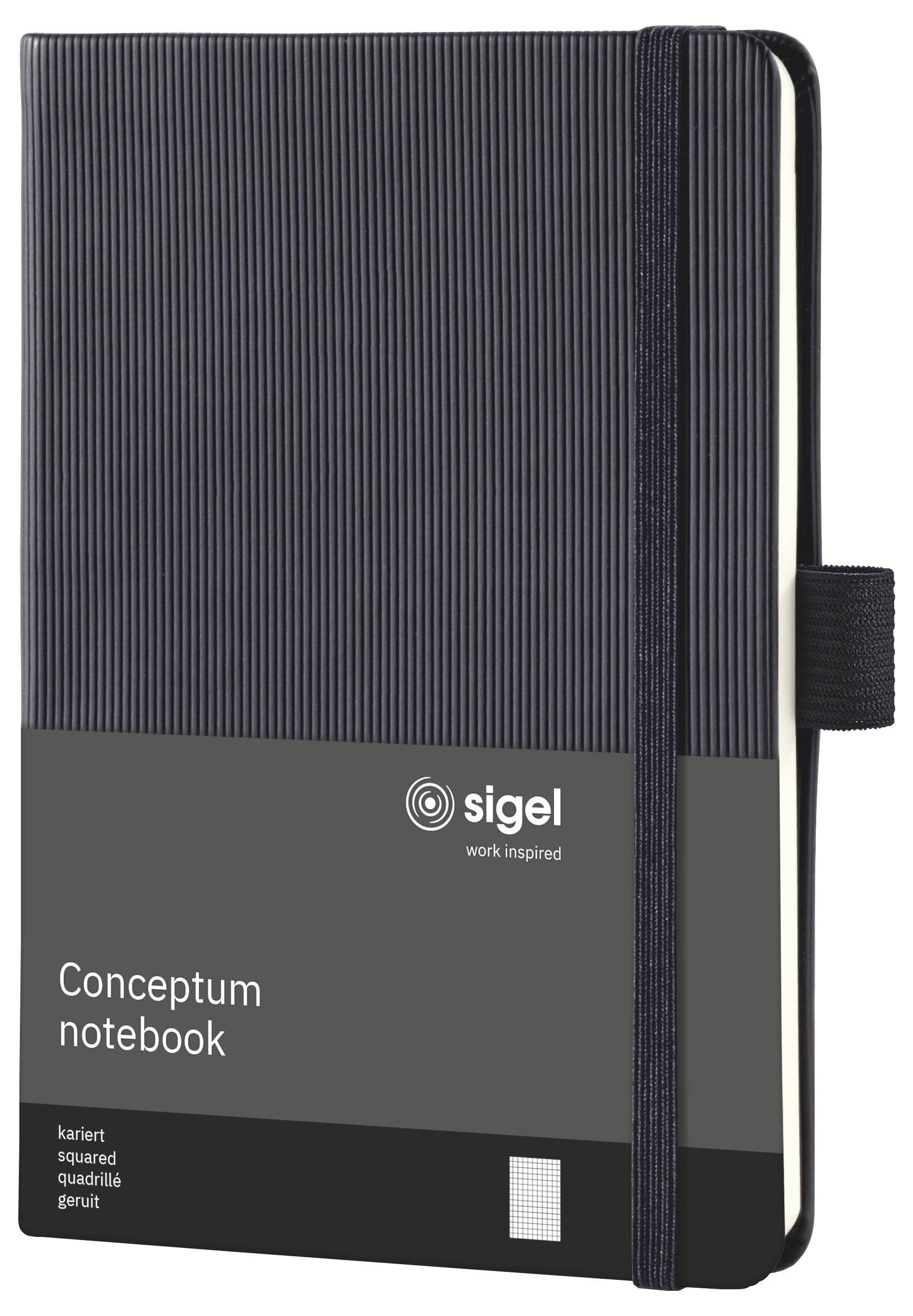 Schwarzes Notizbuch mit Liniierung und Gummibandverschluss, beschriftet mit "sigel" und "Conceptum notebook", dargestellt als Produktpaketbild.