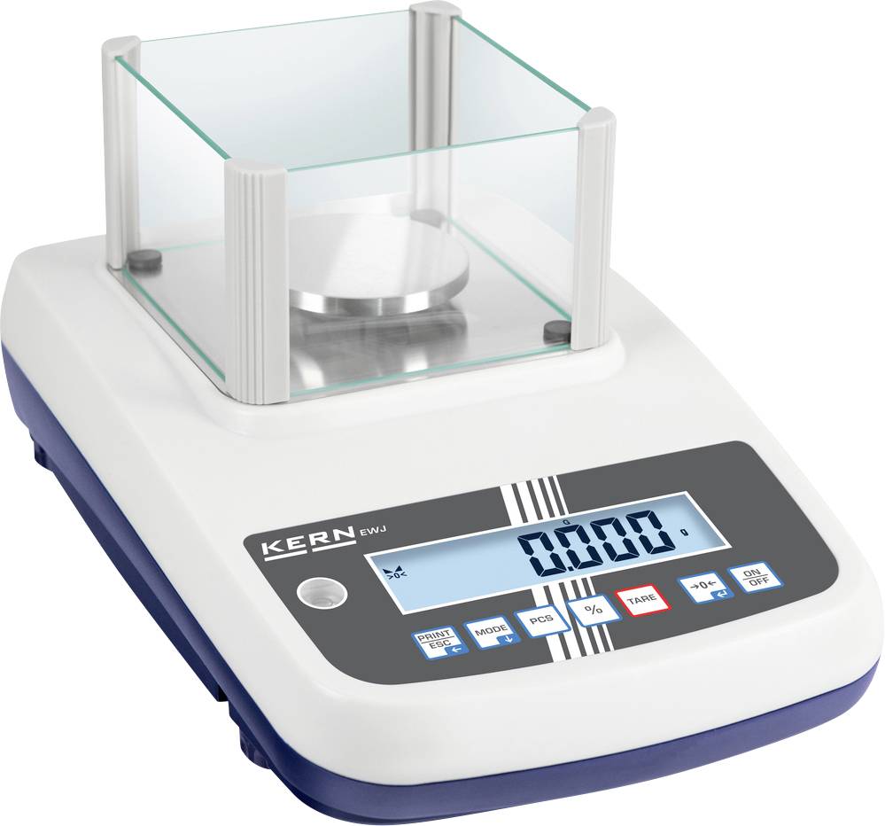 Elektronische Waage mit digitalem Display zeigt '0.000'. Oberseite hat einen Glasrahmen. Markenname 'Kern' unten links.