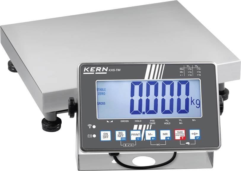 Eine elektronische Waage mit digitaler Anzeige zeigt '0,000 kg' an. Die Anzeige enthält Tasten für verschiedene Funktionen wie Ein/Aus und Tara.