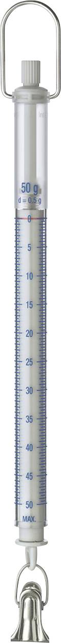 Federwaage mit Skala von 0 bis 50N in 1N-Schritten, Metallhaken unten und Griff oben, verwendet zur Kraftmessung.