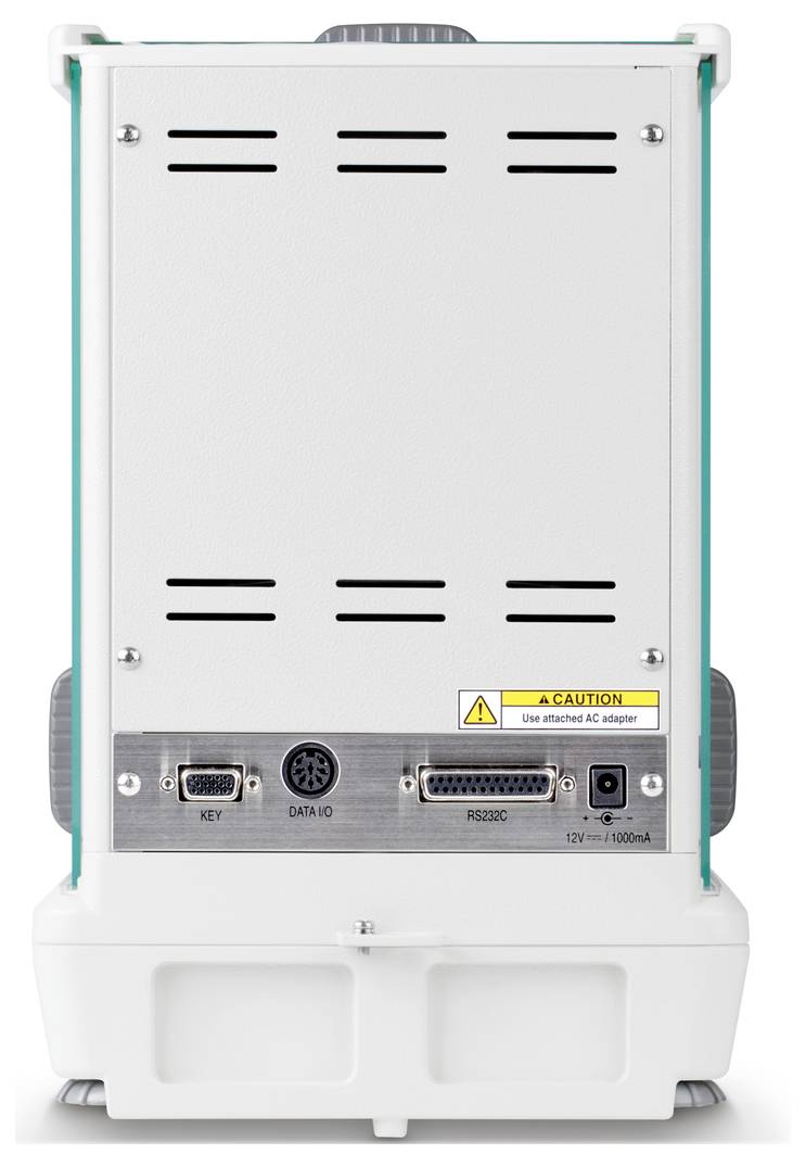 Rückansicht eines elektronischen Geräts mit verschiedenen Anschlüssen, einschließlich VGA, RS232C und Stromversorgungshinweis.