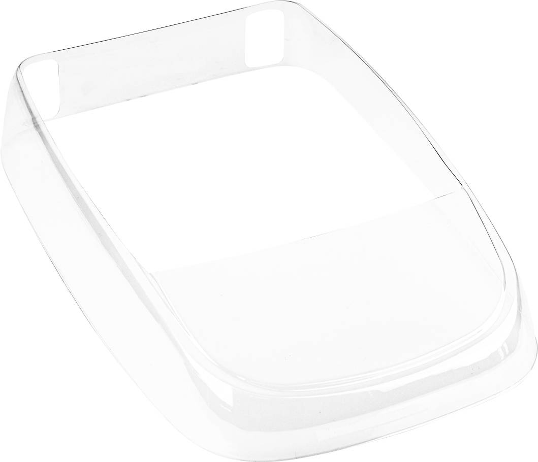 Ein transparenter, gewölbter Kunststoffhalter, möglicherweise zur Aufnahme eines Geräts oder Dokuments, auf weißem Hintergrund.