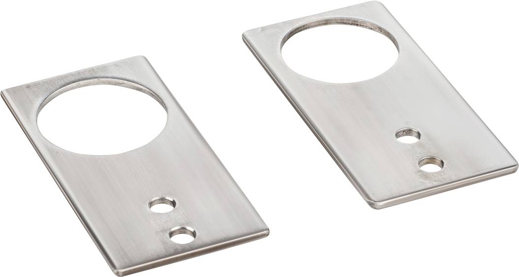 Zwei rechteckige Metallplatten mit runden und kleineren Löchern, vermutlich Türbeschläge, auf weißem Hintergrund.