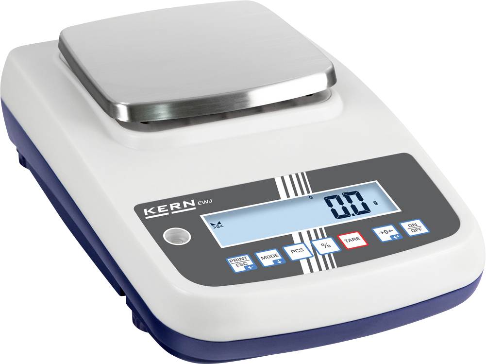 Elektronische Waage mit digitalem Display, zeigt '0.0'. Oberfläche aus Edelstahl, Tasten für Tara, Prozent und andere Funktionen.
