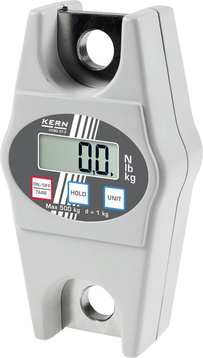 Elektronischer Handkraftmesser mit digitalem Display, zeigt '0.0 kg'. Tasten für 'ON/OFF', 'HOLD' und 'UNIT'. Maximale Last: 300 kg.