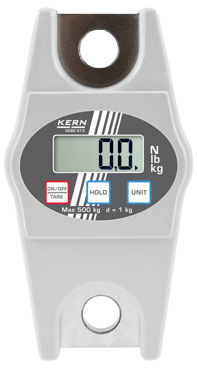 Digitale Kranwaage mit grauem Gehäuse zeigt '0,0 kg'. Tasten für 'Ein/Aus', 'Tara', 'Hold', 'Einheit'. Maximale Last 500 kg.