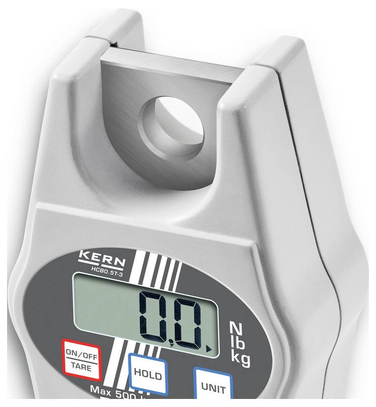 Digitale Hängewaage mit Display, zeigt '0.0' an. Tasten für Ein/Aus, Tara, Halten und Einheit. Maximale Tragkraft 500 kg.