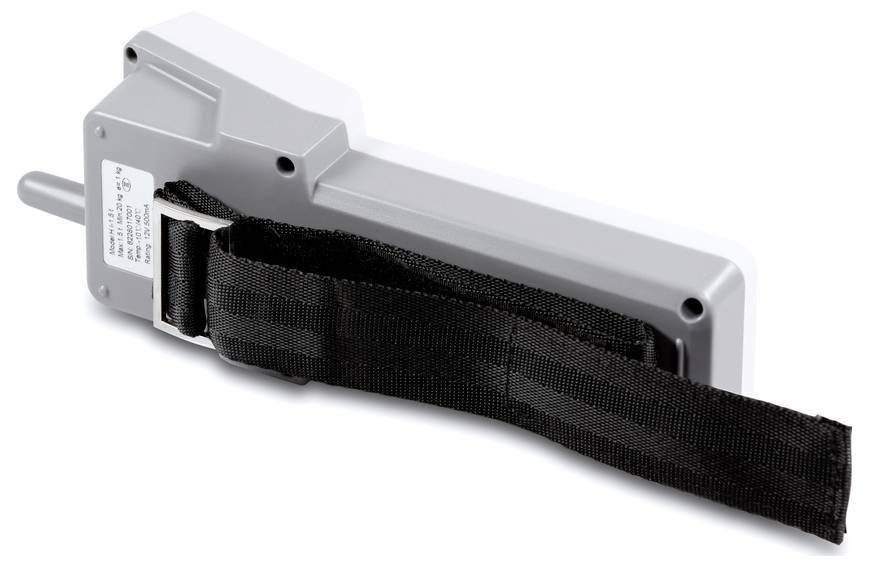 Graues, rechteckiges Gerät mit schwarzem, verstellbarem Gurt. Gerät hat einen herausragenden Stab an einem Ende.