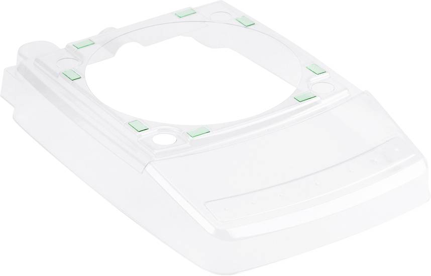 Klarer, kunststoffartiger Rahmen mit sieben kleinen grünen Quadraten an den Rändern, möglicherweise Bestandteil eines technischen Geräts.