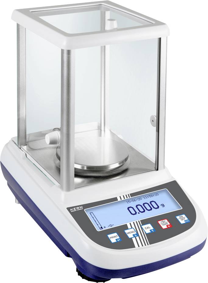 Präzisionswaage mit transparentem Glasgehäuse und digitaler Anzeige, zeigt '0.000 g'. Verwendet zum genauen Wiegen in Laboren.