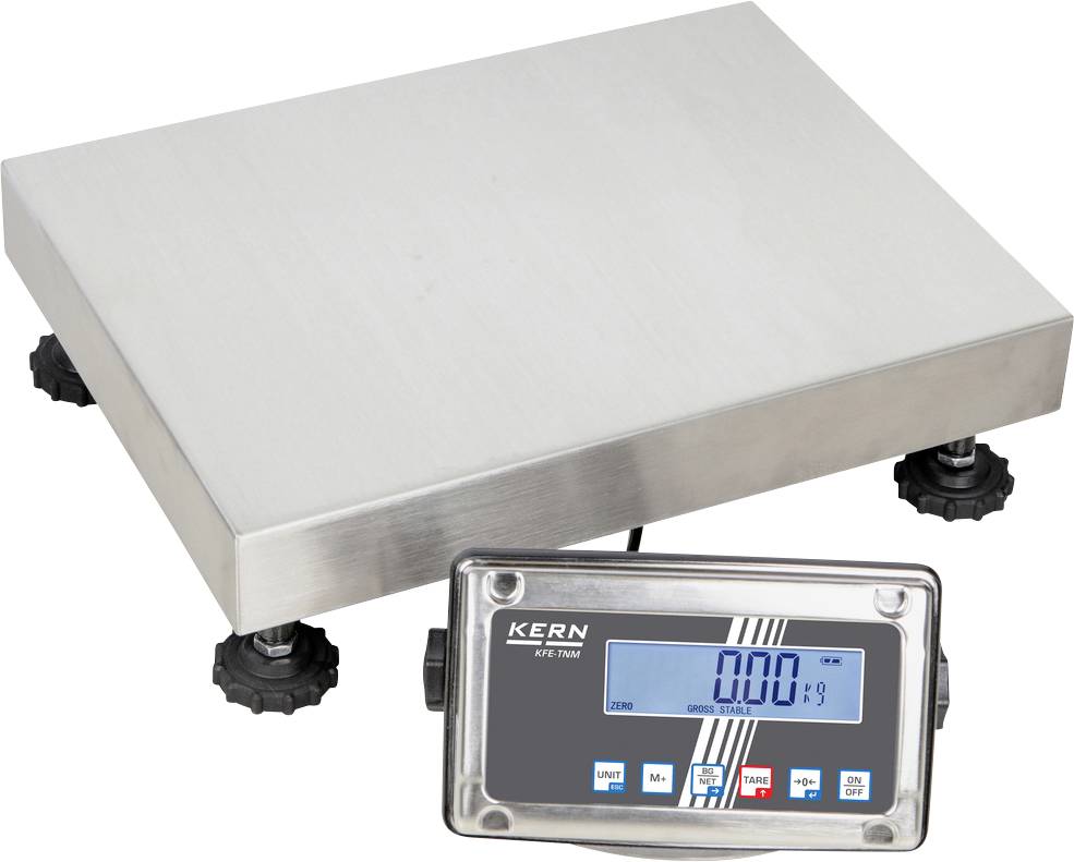 Elektronische Plattformwaage mit digitaler Anzeige. Flache Metalloberfläche auf drei Beinen, geeignet für präzise Gewichtsmessungen.