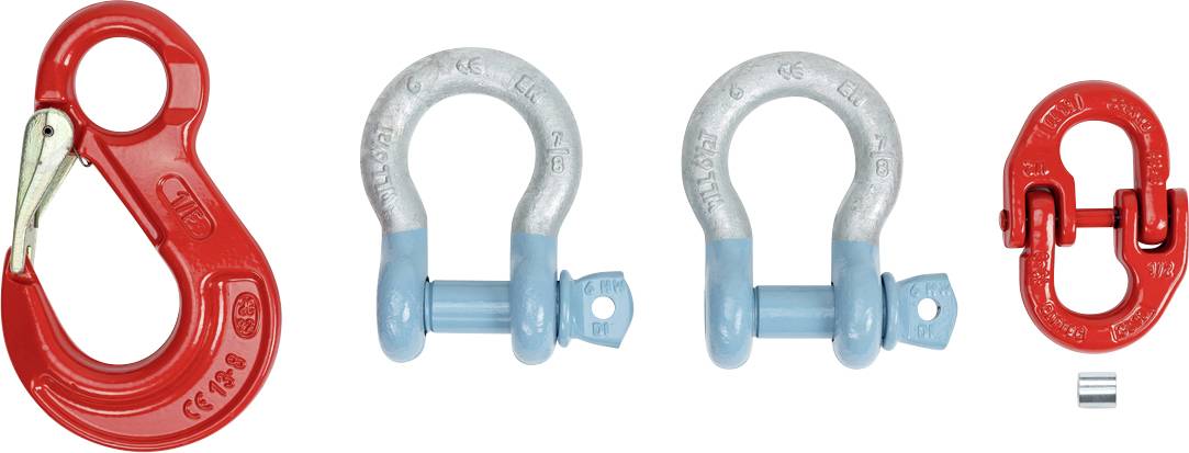 Verschiedene Hebezeugkomponenten in Rot und Silber, darunter Haken und Schäkel, liegen nebeneinander angeordnet.