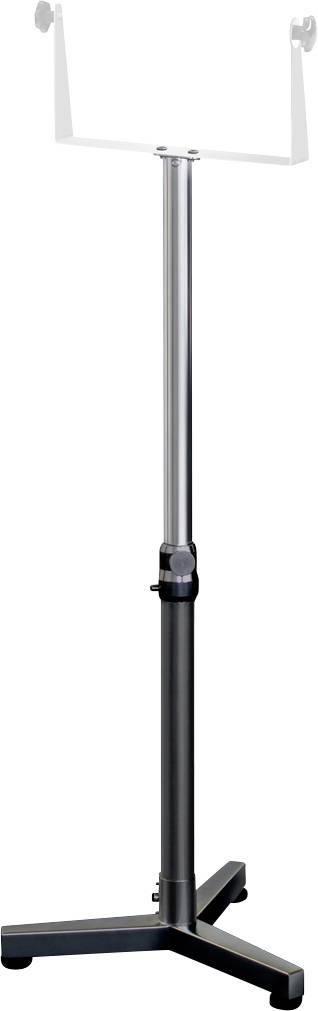Ein höhenverstellbarer Ständer mit schwarzem Fuß und silbernem Teleskoprohr, oben zwei Haken für die Befestigung einer Halterung.
