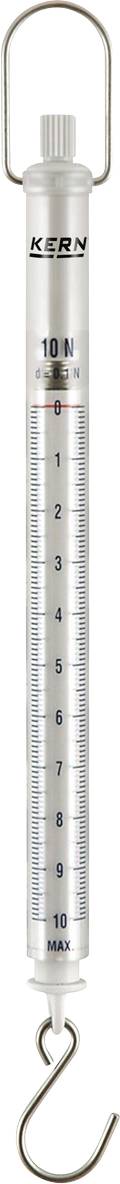 Federwaage mit Skala bis 10 Newton, Haken unten und Griff oben.