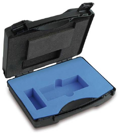 Schwarzer Werkzeugkoffer mit blauem Schaumstoff-Inlay, das Formen für verschiedene Werkzeuge enthält. Koffer ist offen dargestellt.