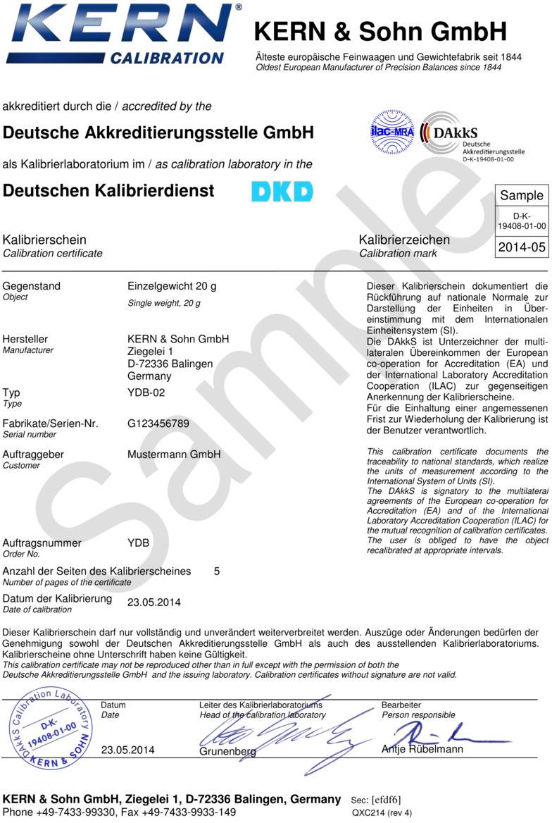 Kalibrierzertifikat der Firma KERN & Sohn GmbH, ausgestellt von der Deutschen Akkreditierungsstelle. Dokumentnummer YDB-01-00123, ausgestellt am 2014-05.