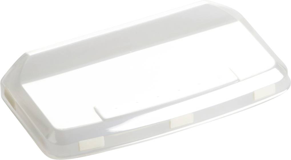 Ein weißer rechteckiger Kunststoffdeckel, leicht gewölbt, mit glatter Oberfläche und abgerundeten Kanten, auf neutralem Hintergrund.