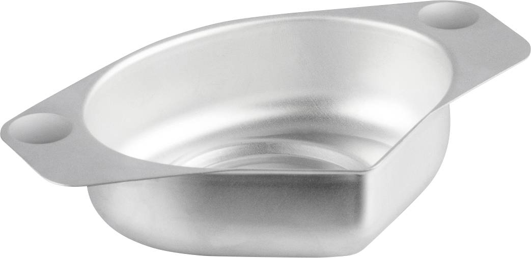 Metallschälchen mit zwei runden Griffen, leicht glänzende Oberfläche.