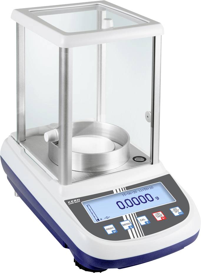Präzisionswaage mit Glasabdeckung und digitalem Display. Display zeigt die Messung '0,0000'. Tasten für Funktionen darunter.
