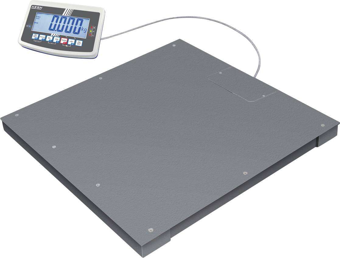 Elektronische Waage mit digitalem Display zeigt '0,00 kg'. Flaches, rechteckiges Design, verbunden mit einem Messgerät über ein Kabel.