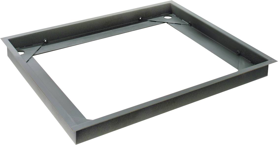 Schwarzer rechteckiger Metallrahmen, flachliegend mit sichtbaren Befestigungslöchern an den Ecken.