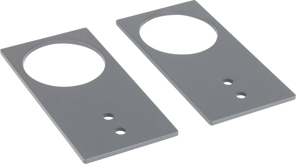 Zwei graue rechteckige Metallplatten mit jeweils einem großen kreisförmigen Ausschnitt und zwei kleineren Löchern darunter.