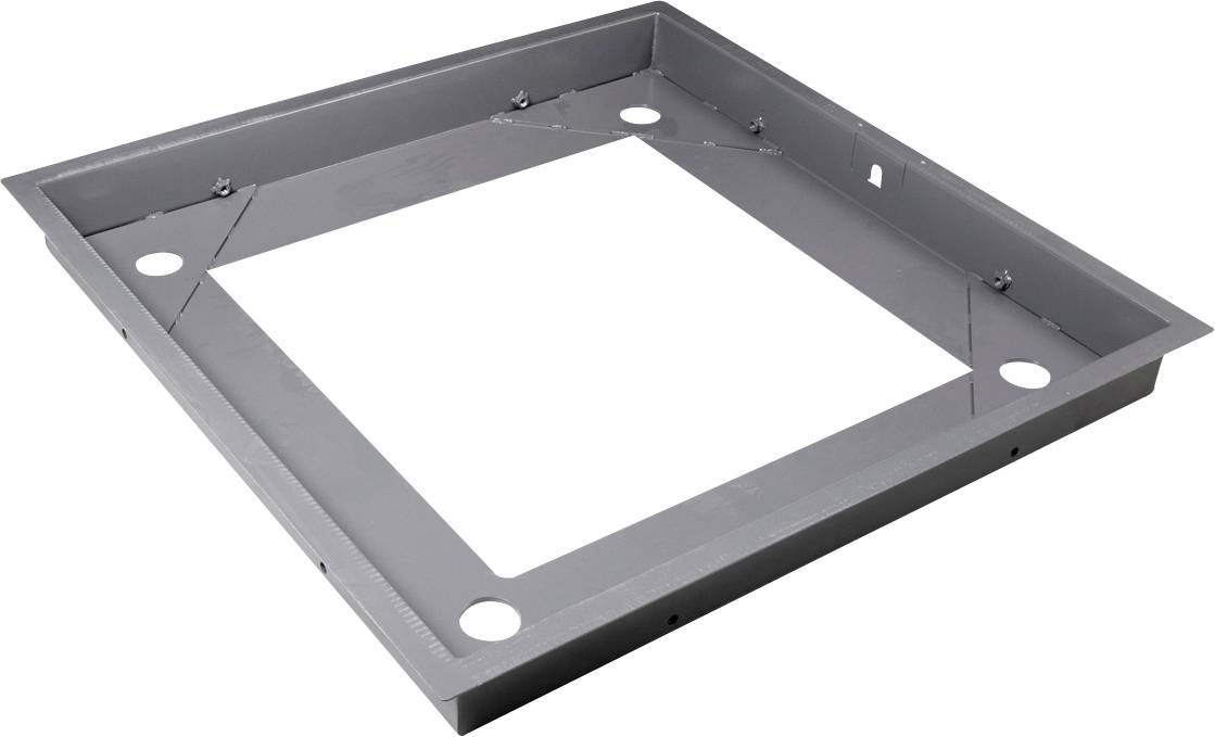 Metallischer quadratischer Rahmen, grau lackiert, mit vier Öffnungen an den Ecken und verstärkten Kanten, auf weißem Hintergrund.