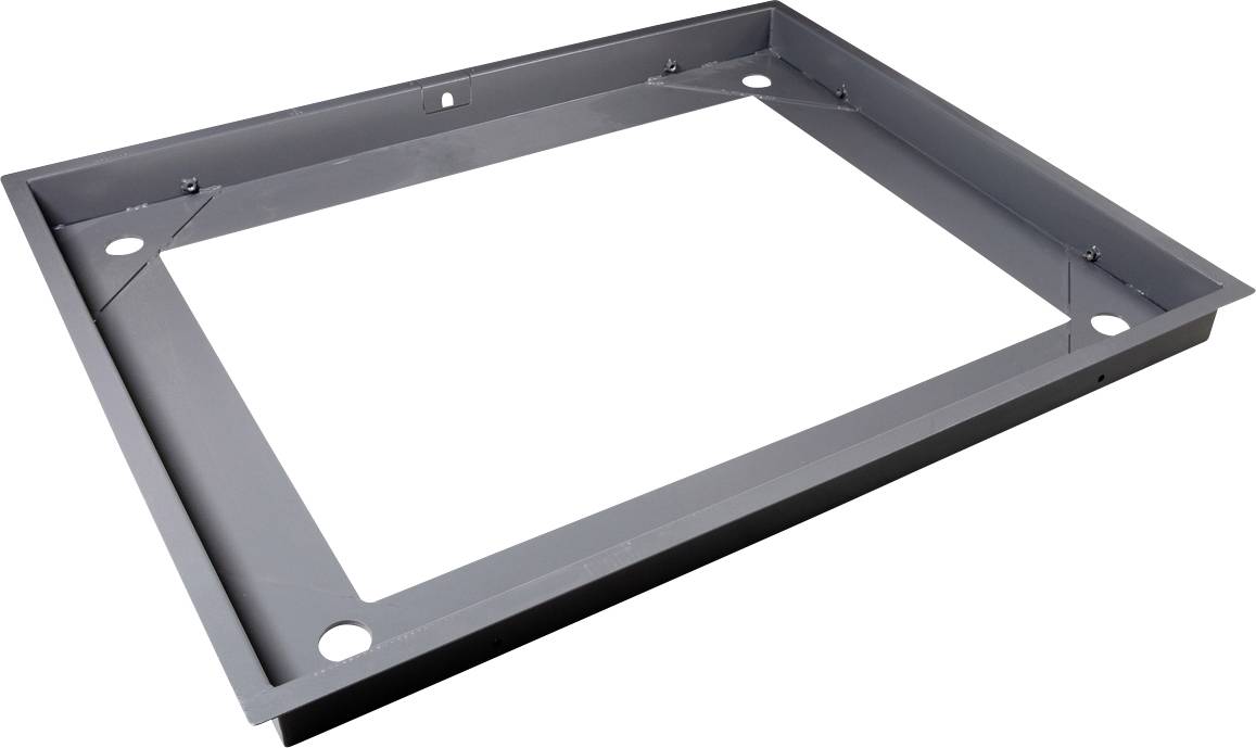 Graue rechteckige Metallplatte mit großen runden Löchern an den Ecken, mittig ausgeschnitten, geeignet für Montagezwecke.