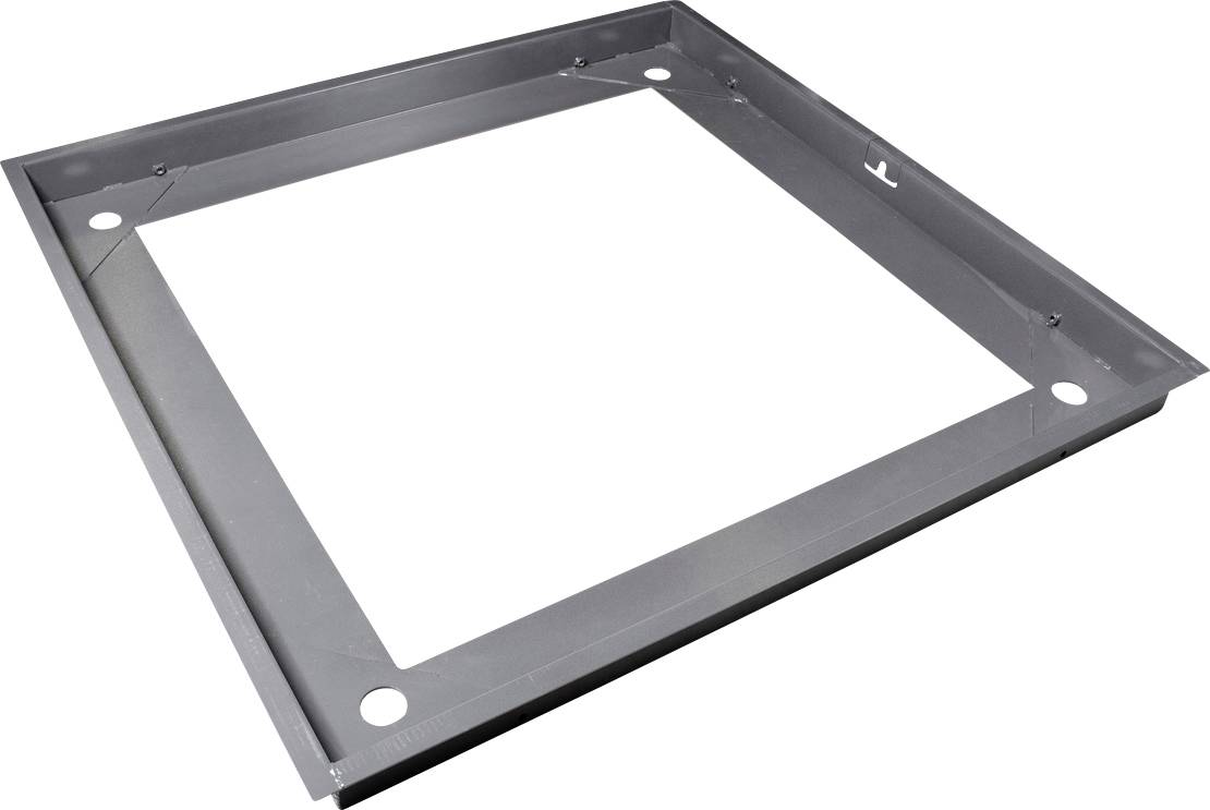 Großer, quadratischer Metallrahmen mit Schraubenlöchern an den Ecken, wahrscheinlich zur Befestigung oder als Halterung gedacht.