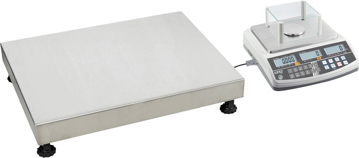 Elektronische Waage mit digitaler Anzeige, verbunden mit einer großen, flachen Plattform. Ideal zum Wiegen großer Gegenstände.